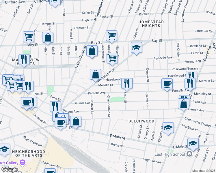 map of restaurants, bars, coffee shops, grocery stores, and more near 77 Melville Street in Rochester
