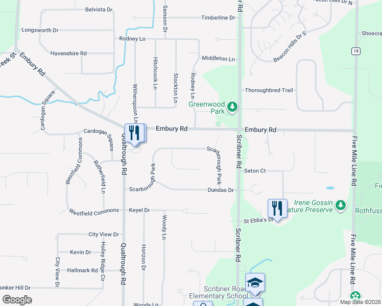 map of restaurants, bars, coffee shops, grocery stores, and more near 36 Scarborough Park in Rochester