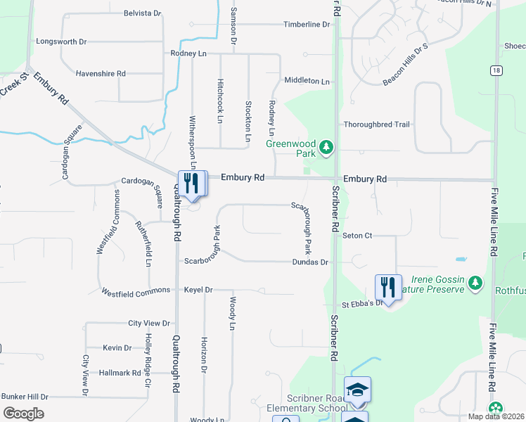map of restaurants, bars, coffee shops, grocery stores, and more near 36 Scarborough Park in Rochester