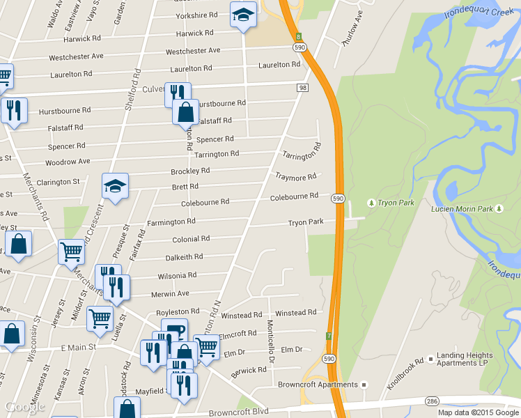 map of restaurants, bars, coffee shops, grocery stores, and more near 1117 County Road 98 in Irondequoit