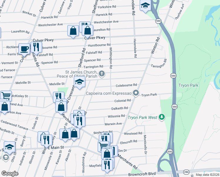 map of restaurants, bars, coffee shops, grocery stores, and more near 99 Whittington Road in Rochester