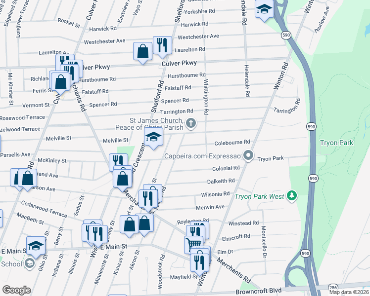 map of restaurants, bars, coffee shops, grocery stores, and more near 119 Brett Road in Rochester