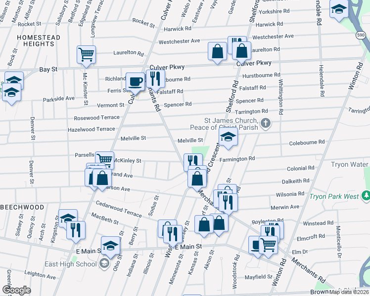 map of restaurants, bars, coffee shops, grocery stores, and more near 768 Melville Street in Rochester
