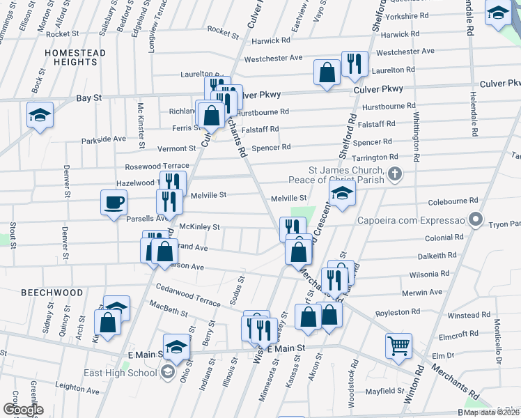 map of restaurants, bars, coffee shops, grocery stores, and more near 710 Merchants Road in Rochester