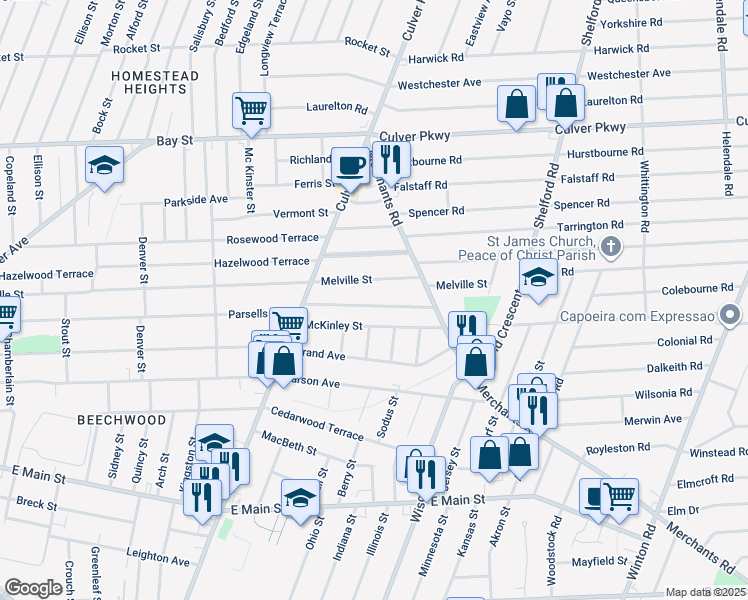 map of restaurants, bars, coffee shops, grocery stores, and more near 665 Melville Street in Rochester