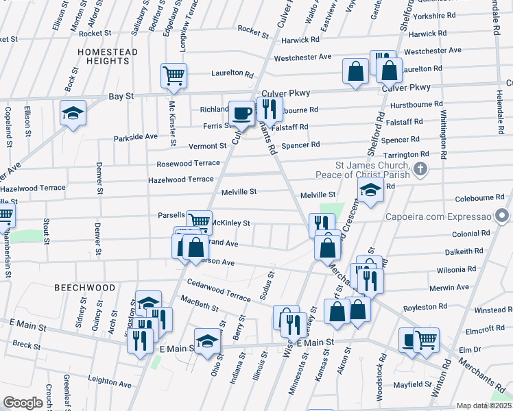 map of restaurants, bars, coffee shops, grocery stores, and more near 610 Melville Street in Rochester