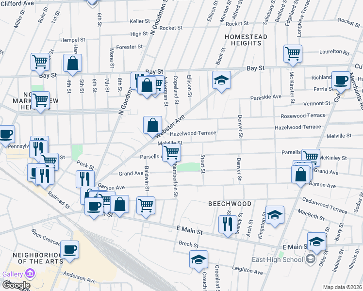 map of restaurants, bars, coffee shops, grocery stores, and more near 33 Hazelwood Terrace in Rochester