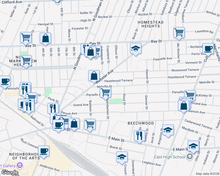 map of restaurants, bars, coffee shops, grocery stores, and more near 33 Hazelwood Terrace in Rochester