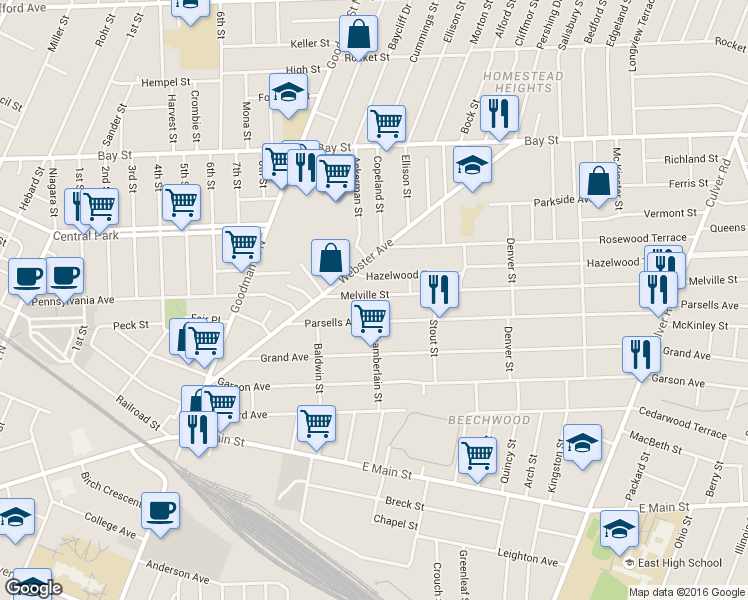 map of restaurants, bars, coffee shops, grocery stores, and more near 33 Hazelwood Terrace in Rochester
