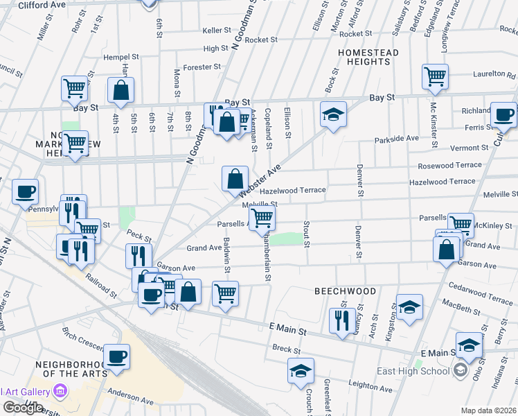 map of restaurants, bars, coffee shops, grocery stores, and more near 33 Hazelwood Terrace in Rochester