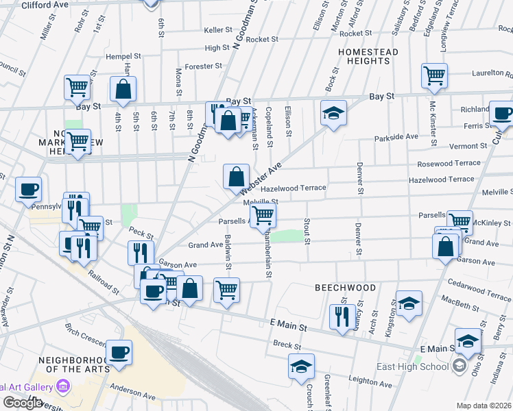 map of restaurants, bars, coffee shops, grocery stores, and more near 33 Hazelwood Terrace in Rochester