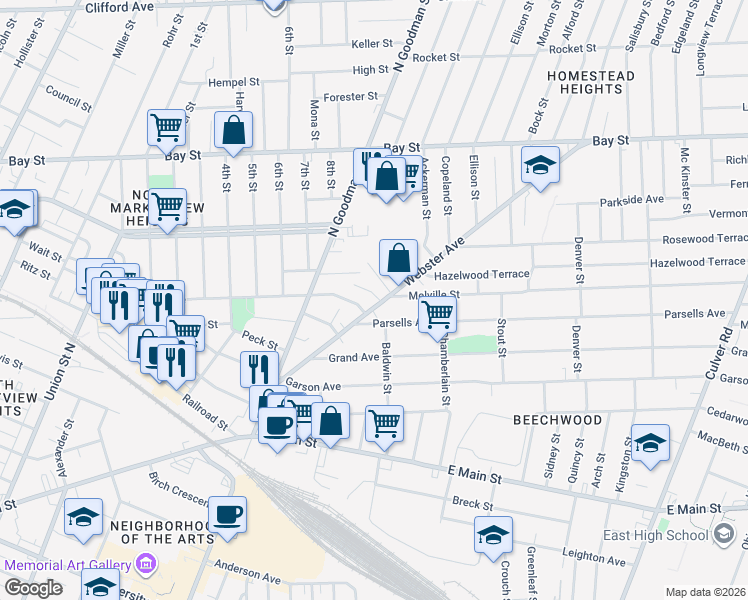 map of restaurants, bars, coffee shops, grocery stores, and more near 7 Lamont Place in Rochester