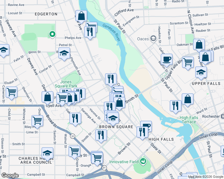 map of restaurants, bars, coffee shops, grocery stores, and more near 3 Spencer Street in Rochester