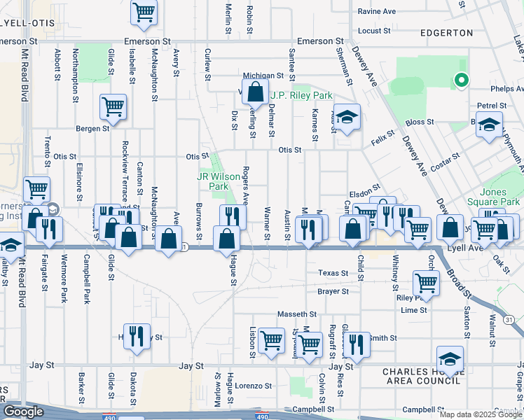 map of restaurants, bars, coffee shops, grocery stores, and more near 112 Warner Street in Rochester