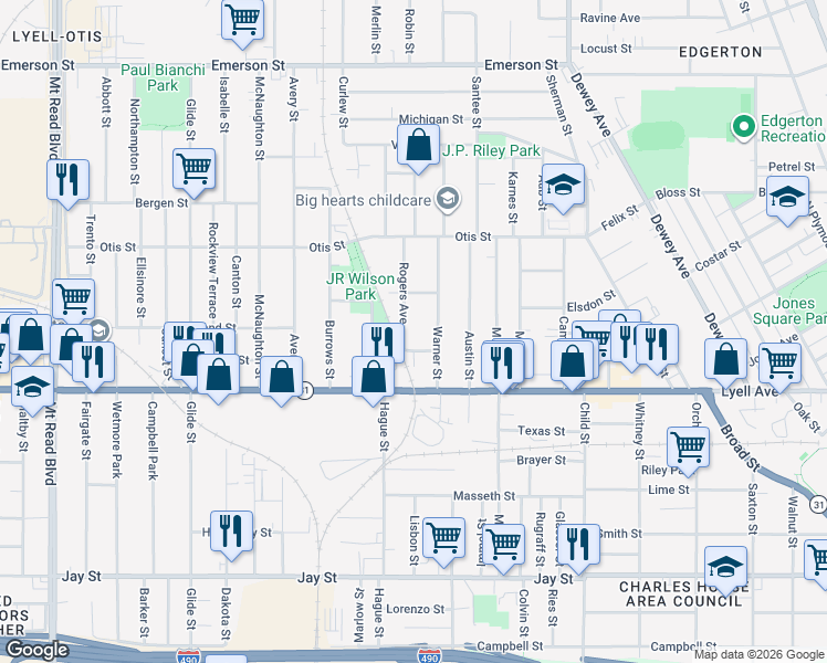 map of restaurants, bars, coffee shops, grocery stores, and more near 21 Rogers Avenue in Rochester