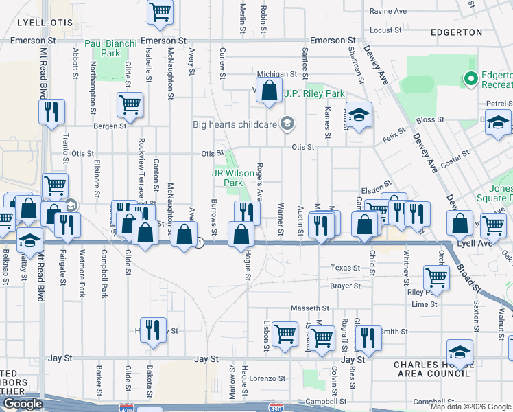 map of restaurants, bars, coffee shops, grocery stores, and more near 21 Rogers Avenue in Rochester