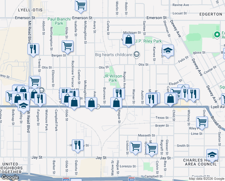 map of restaurants, bars, coffee shops, grocery stores, and more near 97 Rutter Street in Rochester
