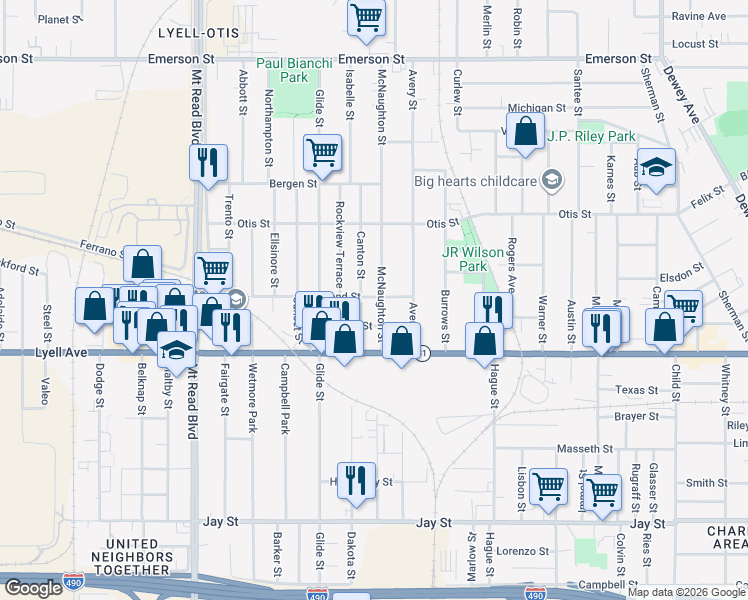 map of restaurants, bars, coffee shops, grocery stores, and more near 70 Canton Street in Rochester