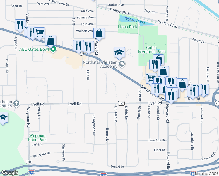 map of restaurants, bars, coffee shops, grocery stores, and more near 117 Jackrist Circle in Rochester