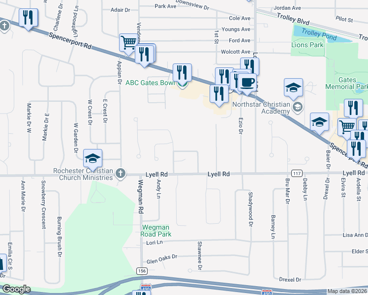 map of restaurants, bars, coffee shops, grocery stores, and more near 104 Dawson Street in Rochester