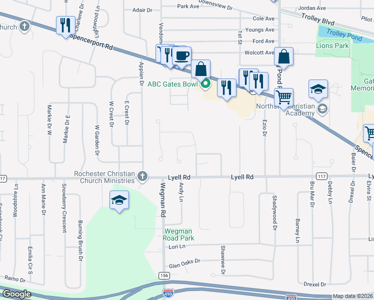 map of restaurants, bars, coffee shops, grocery stores, and more near 2 Charter Circle in Rochester