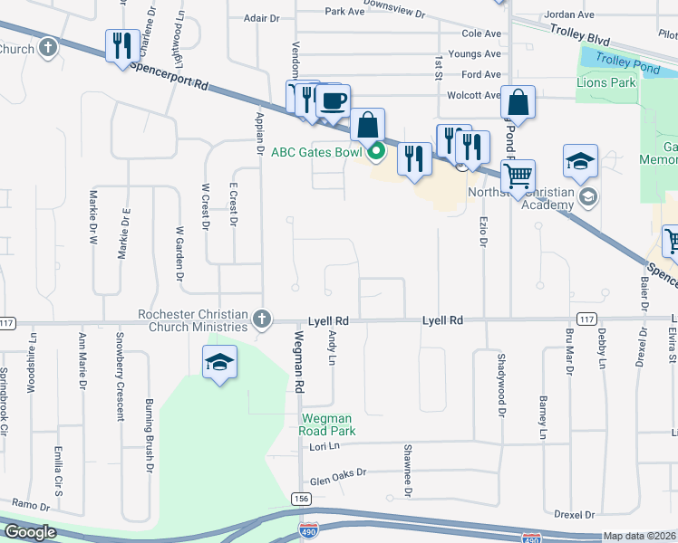 map of restaurants, bars, coffee shops, grocery stores, and more near 2 Charter Circle in Rochester