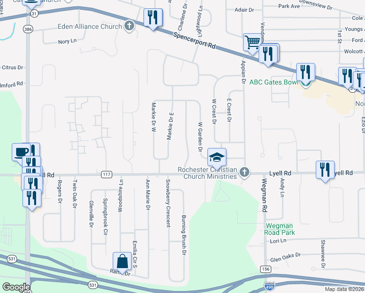 map of restaurants, bars, coffee shops, grocery stores, and more near 38 Markie Drive West in Rochester