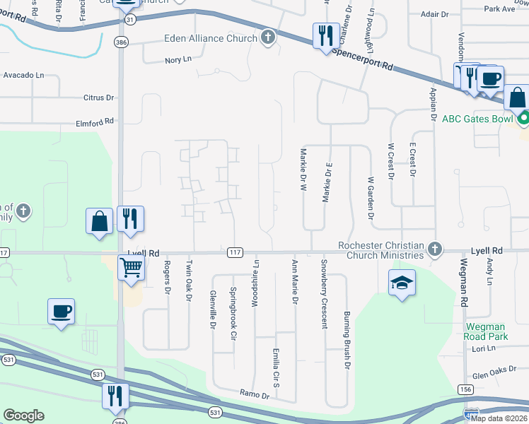 map of restaurants, bars, coffee shops, grocery stores, and more near 76 Hickory Manor Drive in Rochester