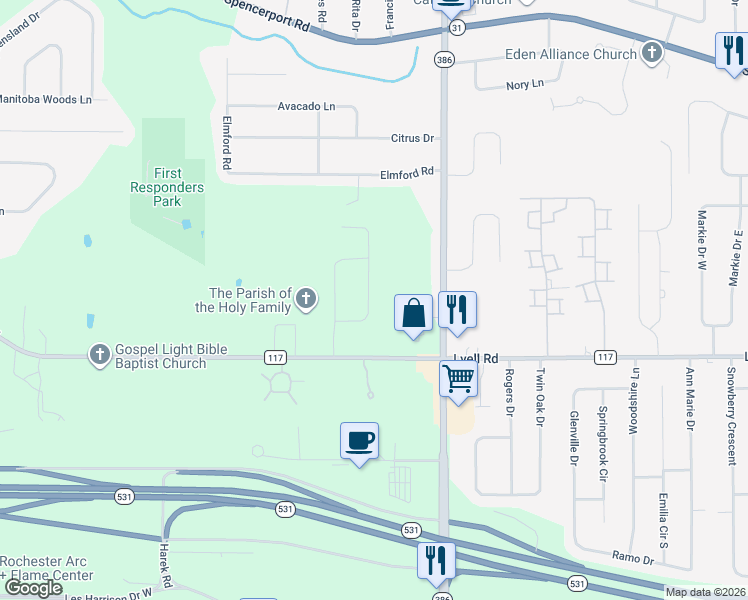 map of restaurants, bars, coffee shops, grocery stores, and more near 3990 Lyell Road in Rochester