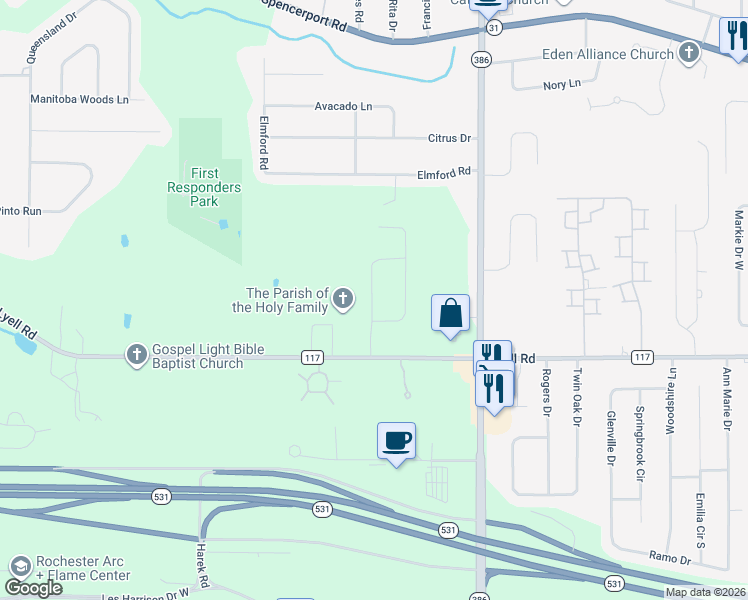 map of restaurants, bars, coffee shops, grocery stores, and more near 41 Cedar Cove Trail in Rochester