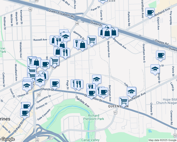 map of restaurants, bars, coffee shops, grocery stores, and more near 85 Vine Street South in St. Catharines