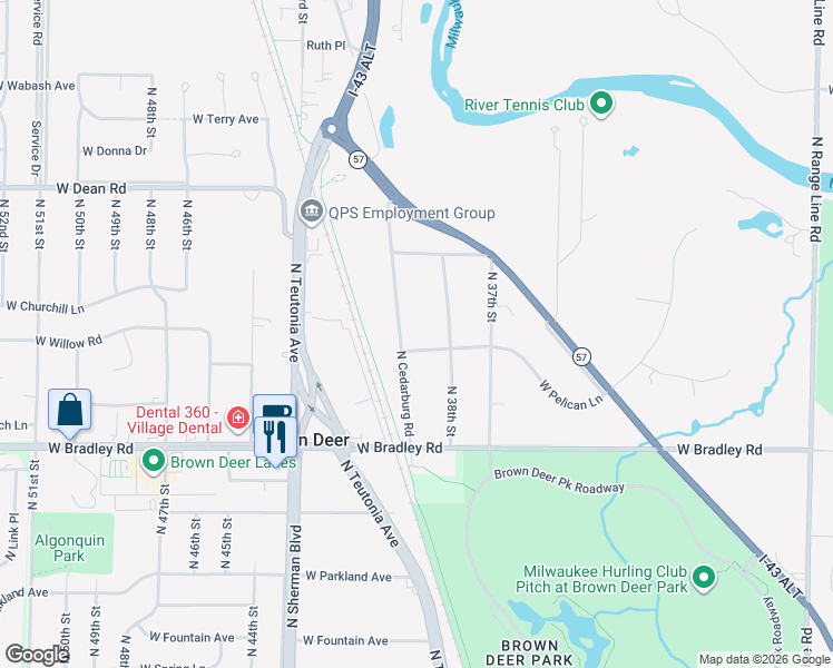 map of restaurants, bars, coffee shops, grocery stores, and more near 8218 North Cedarburg Road in Brown Deer