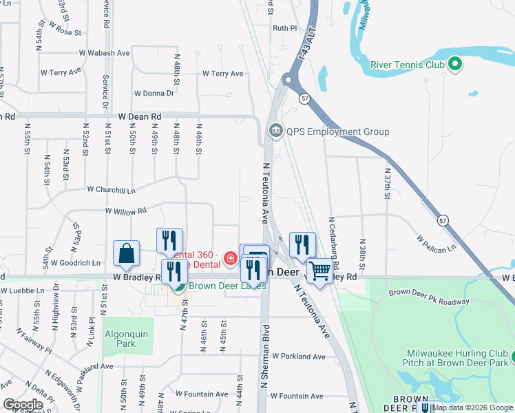 map of restaurants, bars, coffee shops, grocery stores, and more near 8200 North 44th Street in Brown Deer