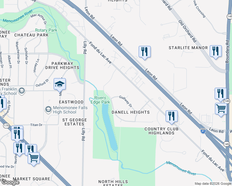 map of restaurants, bars, coffee shops, grocery stores, and more near W137N8244 Parkview Drive in Menomonee Falls