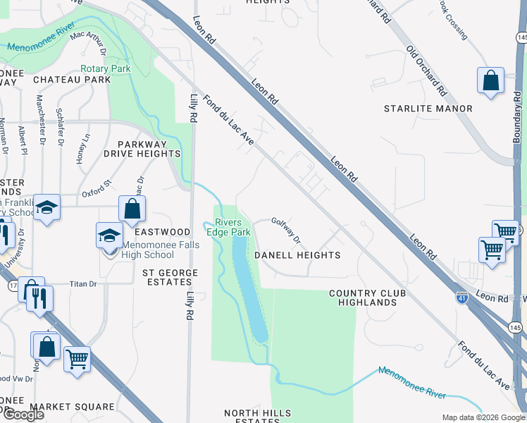 map of restaurants, bars, coffee shops, grocery stores, and more near W137N8244 Parkview Drive in Menomonee Falls