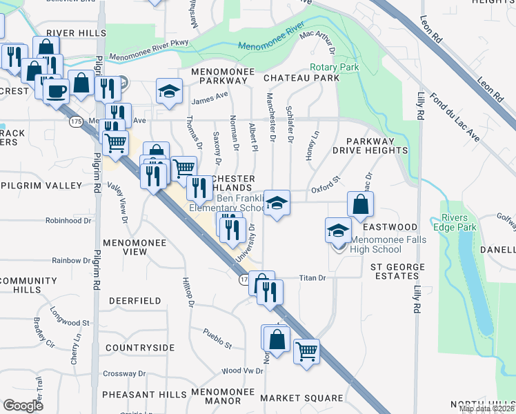 map of restaurants, bars, coffee shops, grocery stores, and more near N82W14767 Oxford Street in Menomonee Falls