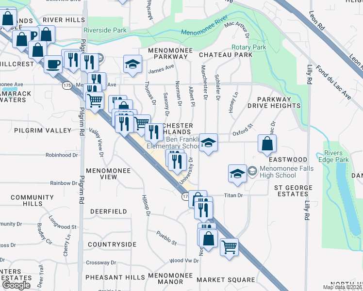 map of restaurants, bars, coffee shops, grocery stores, and more near W148N8223 University Drive in Menomonee Falls