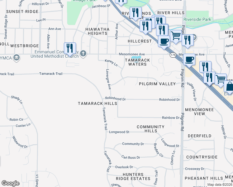 map of restaurants, bars, coffee shops, grocery stores, and more near N82W16325 Valley View Drive in Menomonee Falls
