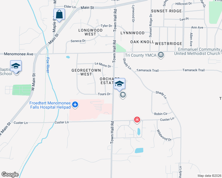 map of restaurants, bars, coffee shops, grocery stores, and more near W180N8231 Town Hall Road in Menomonee Falls