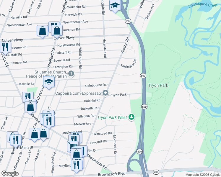 map of restaurants, bars, coffee shops, grocery stores, and more near 1117 County Road 98 in Irondequoit