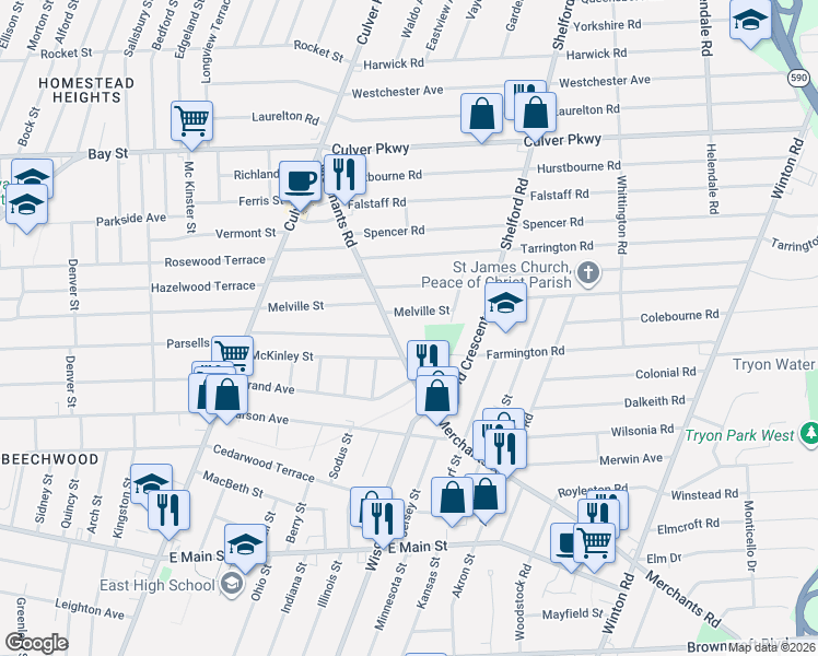map of restaurants, bars, coffee shops, grocery stores, and more near 768 Melville Street in Rochester