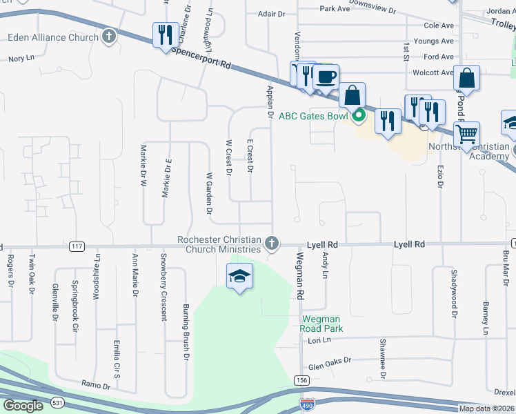map of restaurants, bars, coffee shops, grocery stores, and more near 25 Appian Drive in Rochester
