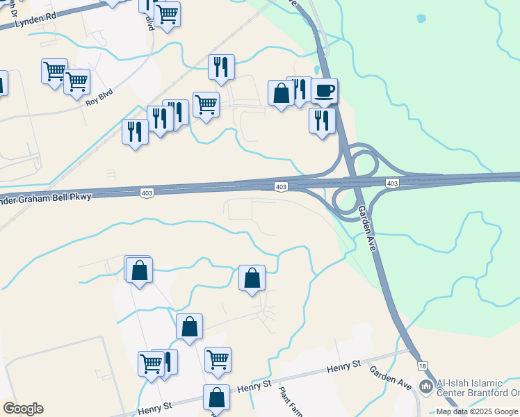 map of restaurants, bars, coffee shops, grocery stores, and more near 10 Abbott Court in Brantford
