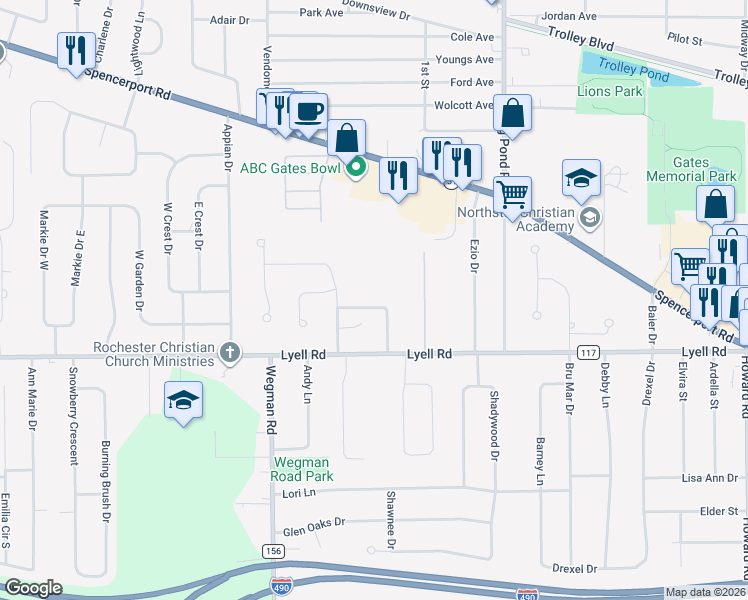 map of restaurants, bars, coffee shops, grocery stores, and more near 104 Dawson Street in Rochester