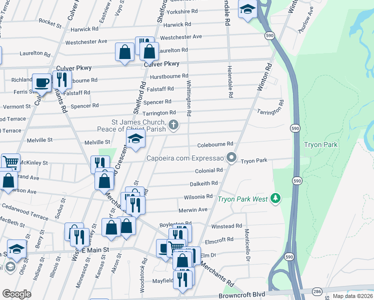 map of restaurants, bars, coffee shops, grocery stores, and more near 99 Whittington Road in Rochester