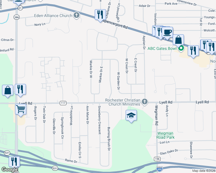 map of restaurants, bars, coffee shops, grocery stores, and more near 38 Markie Drive West in Rochester