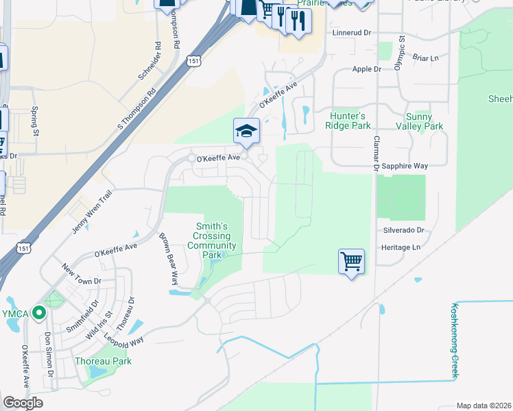 map of restaurants, bars, coffee shops, grocery stores, and more near 1091 O'Keeffe Avenue in Sun Prairie