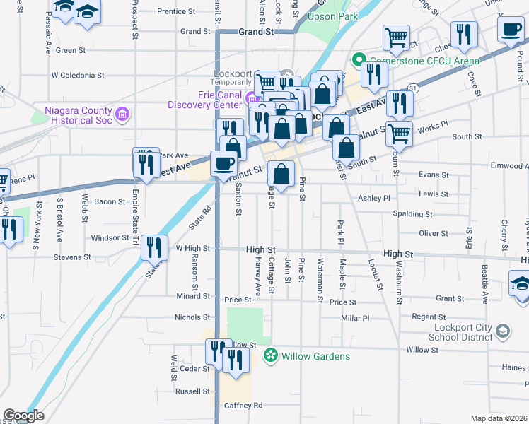 map of restaurants, bars, coffee shops, grocery stores, and more near 1 Harvey Avenue in Lockport
