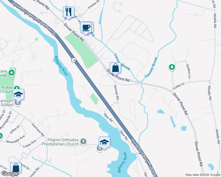 map of restaurants, bars, coffee shops, grocery stores, and more near 7 Old Colony Road in Dover