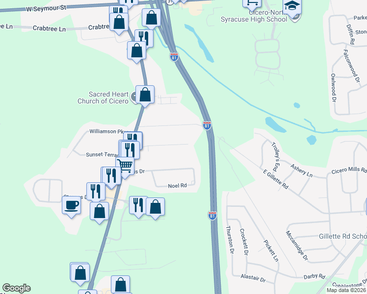 map of restaurants, bars, coffee shops, grocery stores, and more near 5891 Glendora Road in Cicero